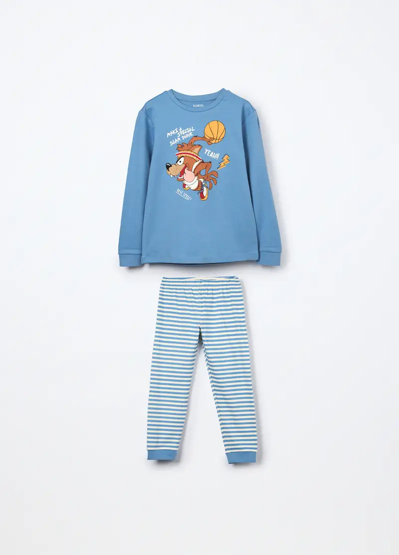 Set Pigiama Lungo In Interlock Di Puro Cotone Bambino, Blu chiaro