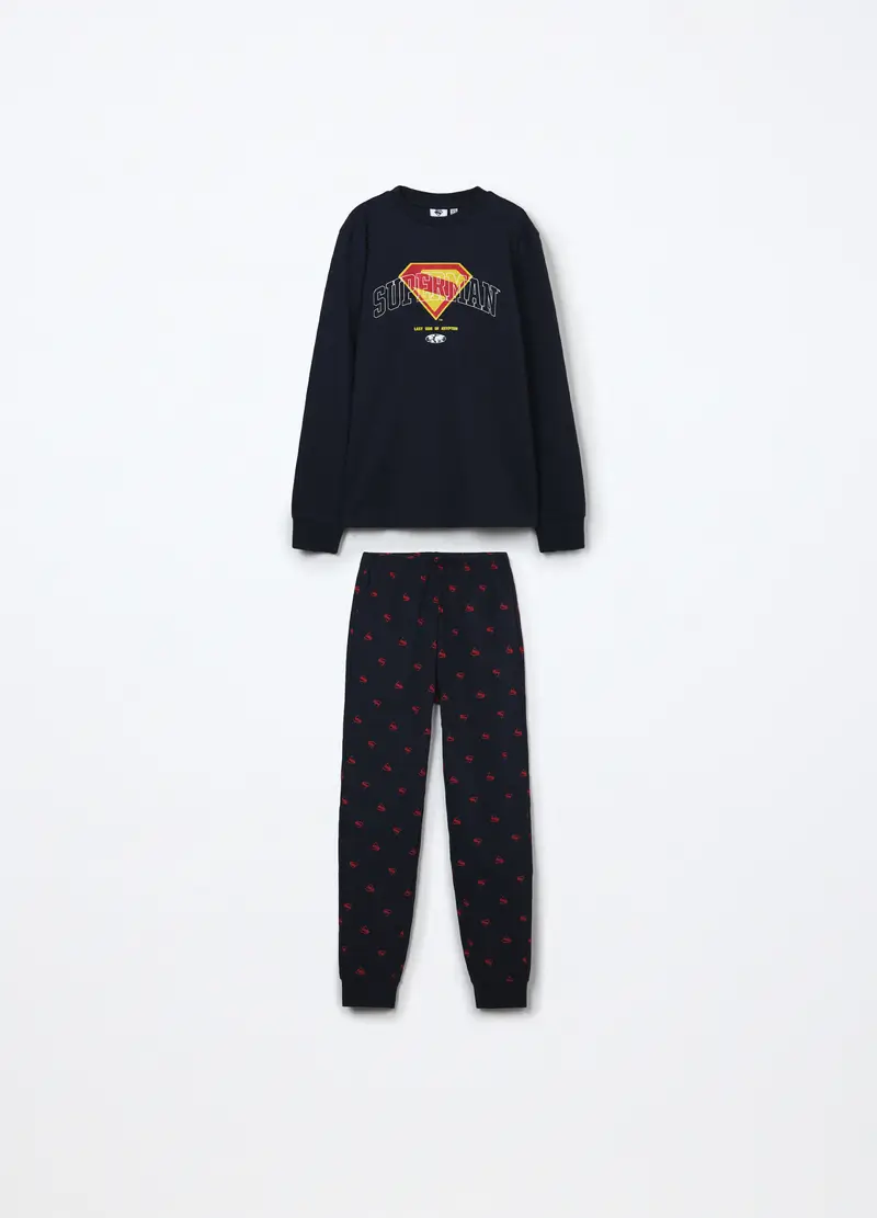 Set Pigiama Lungo In Interlock Di Puro Cotone Bambino, Blu scuro