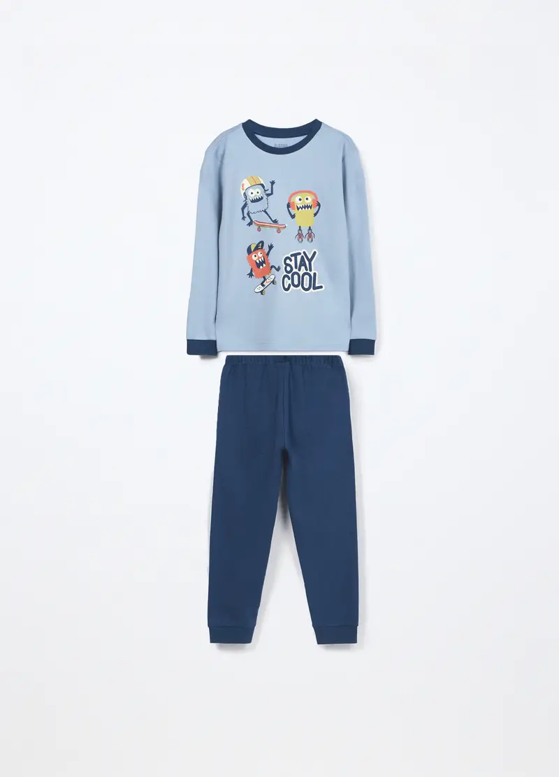 Set Pigiama Lungo In Interlock Di Puro Cotone Bambino, Blu scuro