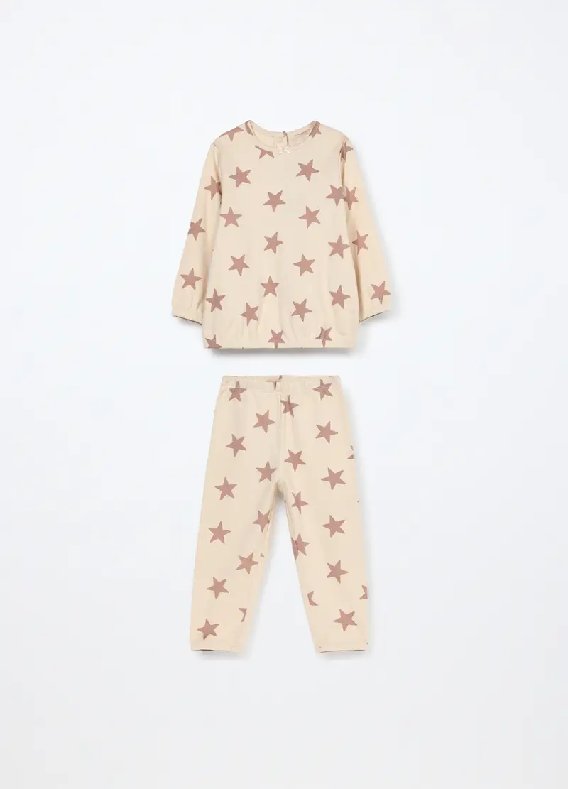 Set Pigiama Lungo In Interlock Di Puro Cotone Neonato, Neonata, Beige chiaro