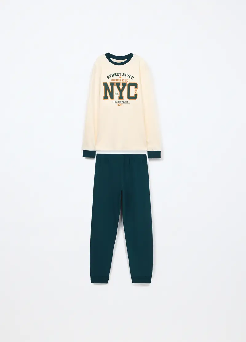 Set Pigiama Lungo In Interlock Di Puro Cotone Ragazzo, Bambino, Bianco/Verde