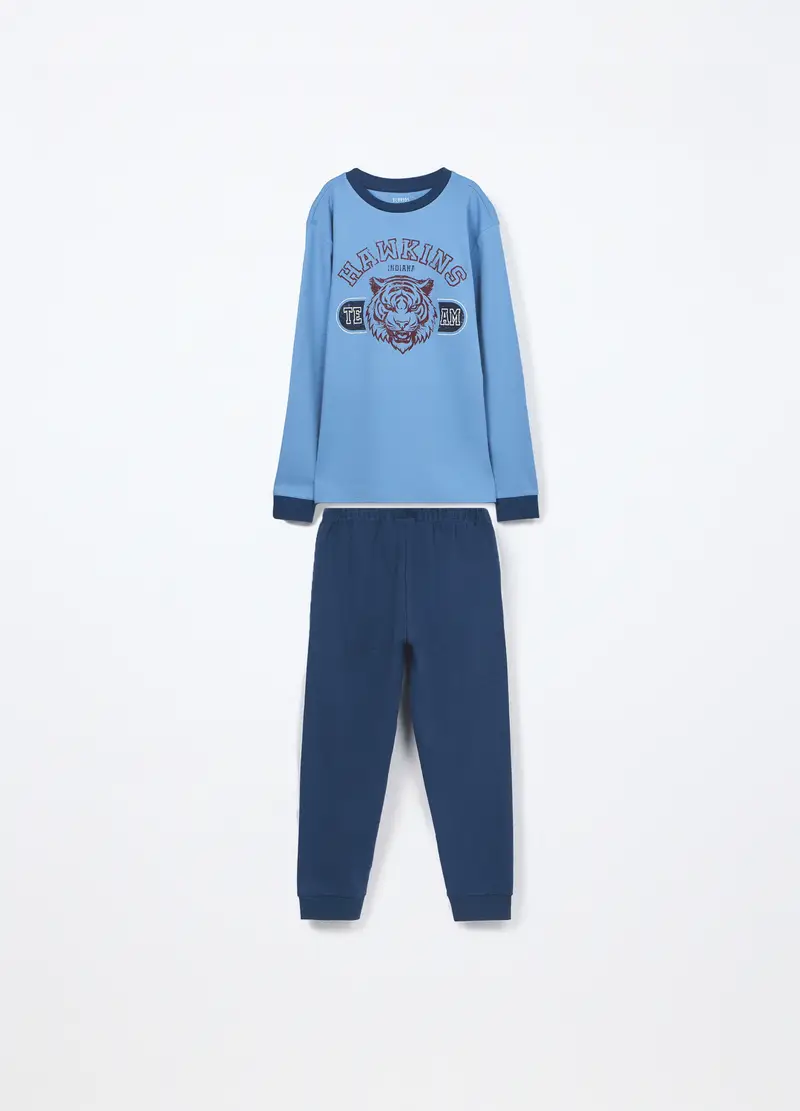 Set Pigiama Lungo In Interlock Di Puro Cotone Ragazzo, Bambino, Blu scuro