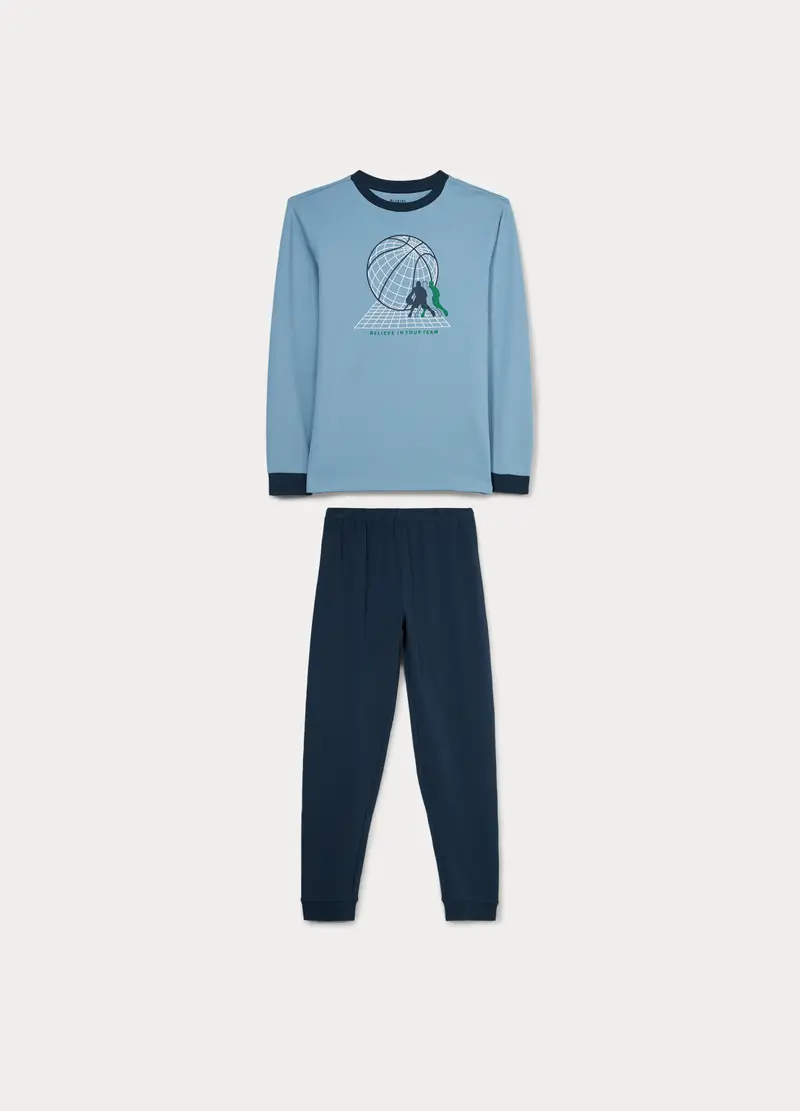 Set Pigiama Lungo In Interlock Di Puro Cotone Ragazzo, Bambino, Blu scuro