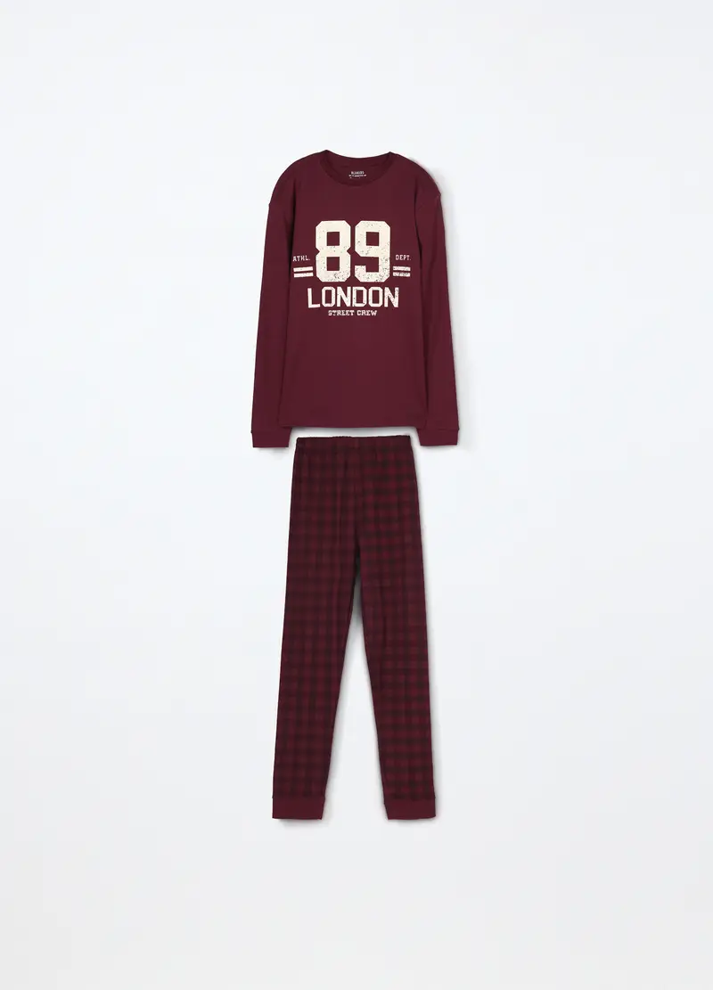 Set Pigiama Lungo In Interlock Di Puro Cotone Ragazzo, Bambino, Rosso bordeaux