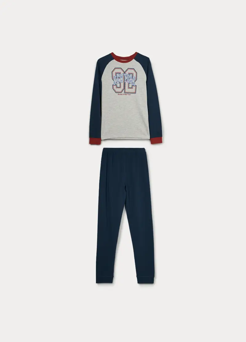 Set Pigiama Lungo In Interlock Ragazzo, Bambino, Blu/Grigio