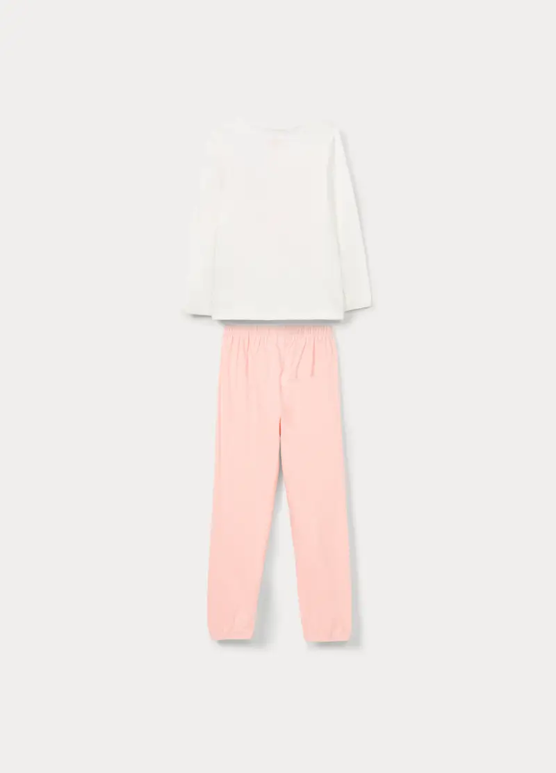 Set Pigiama Lungo In Jersey Di Puro Cotone Bambina, Bianco/Rosa miniatura 2