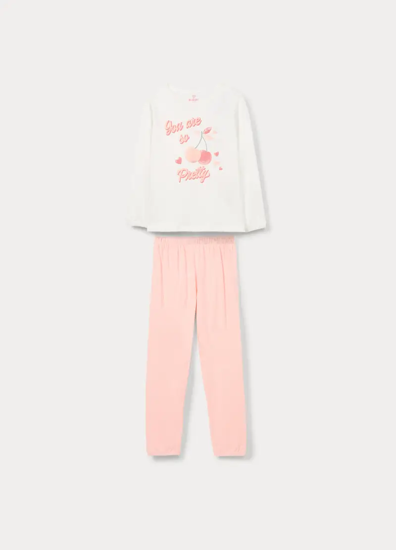 Set Pigiama Lungo In Jersey Di Puro Cotone Bambina, Bianco/Rosa