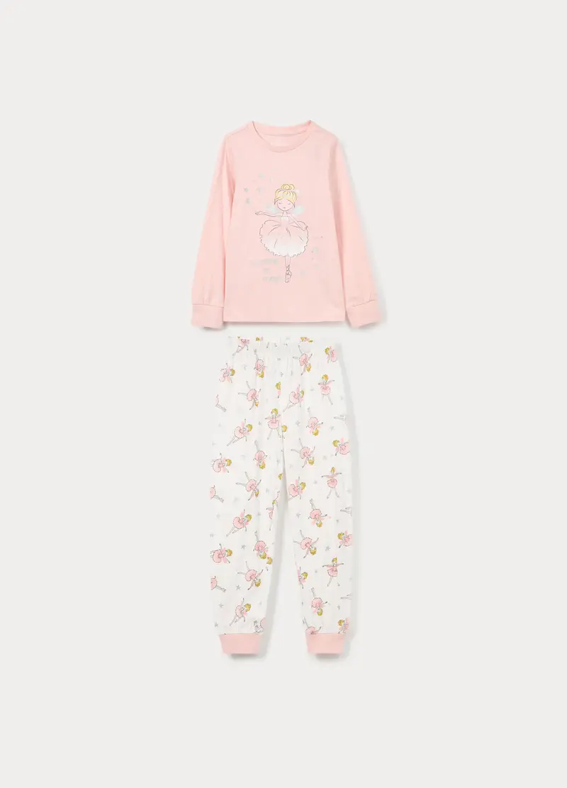 Set Pigiama Lungo In Jersey Di Puro Cotone Bambina, Rosa pastello