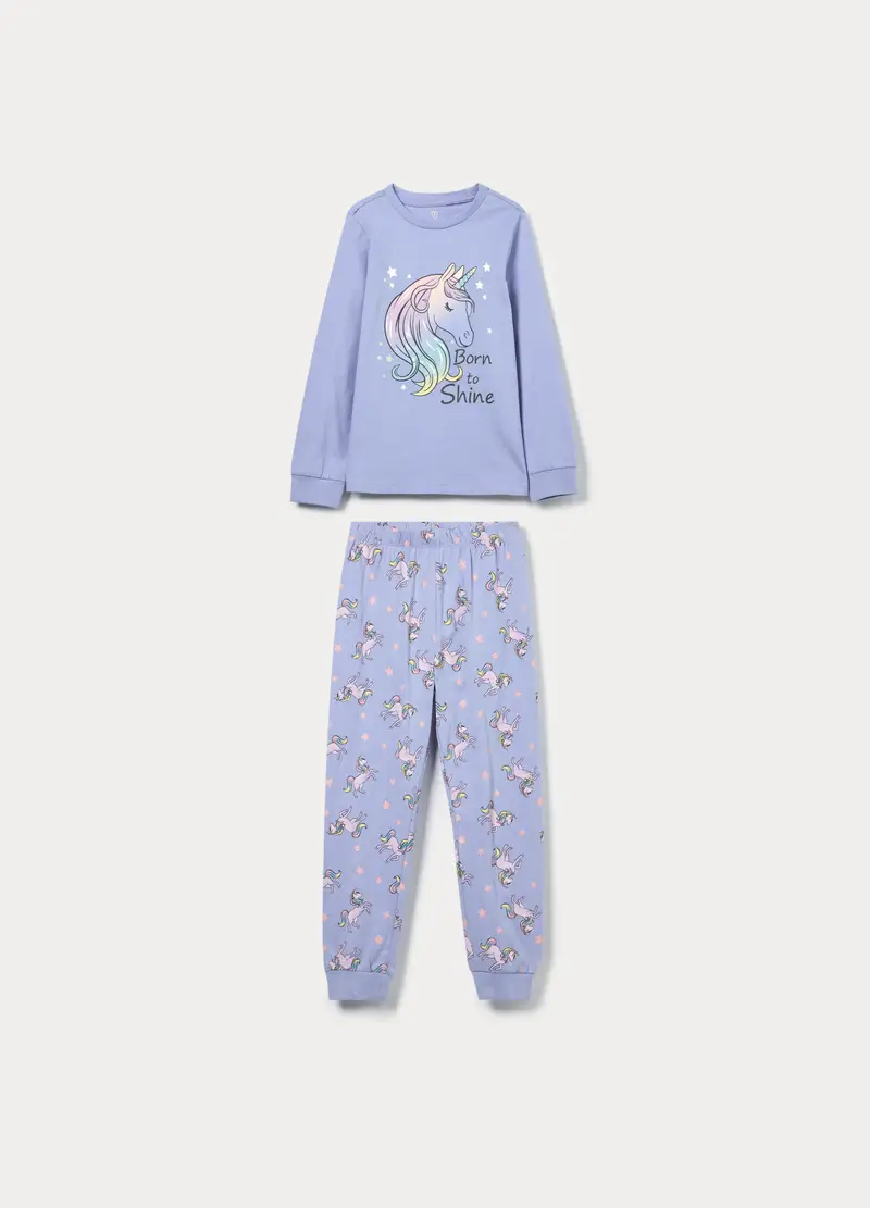Set Pigiama Lungo In Jersey Di Puro Cotone Bambina, Viola lavanda