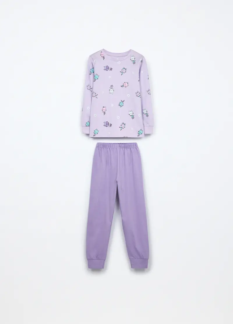 Set Pigiama Lungo In Jersey Di Puro Cotone Bambina, Viola lilla