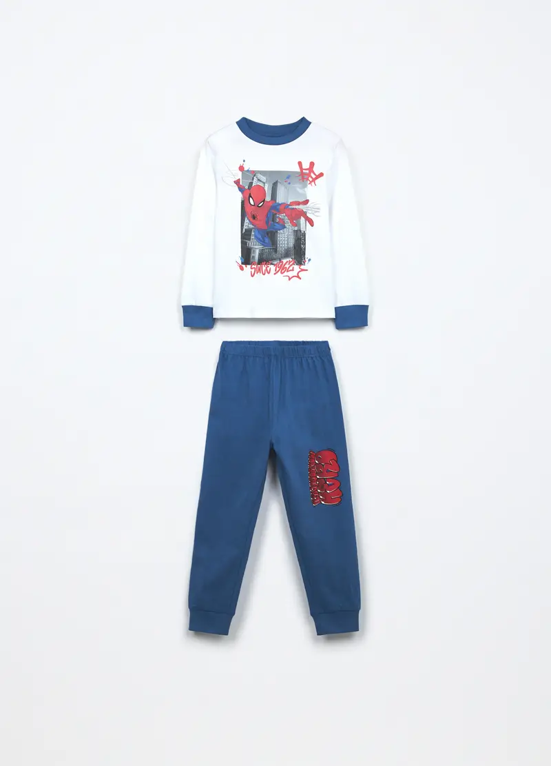 Set Pigiama Lungo In Jersey Di Puro Cotone Bambino, Bianco/Blu