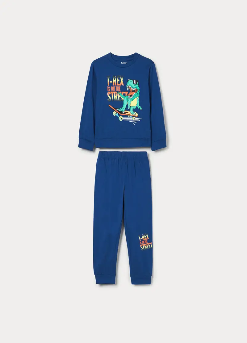 Set Pigiama Lungo In Jersey Di Puro Cotone Bambino, Blu scuro