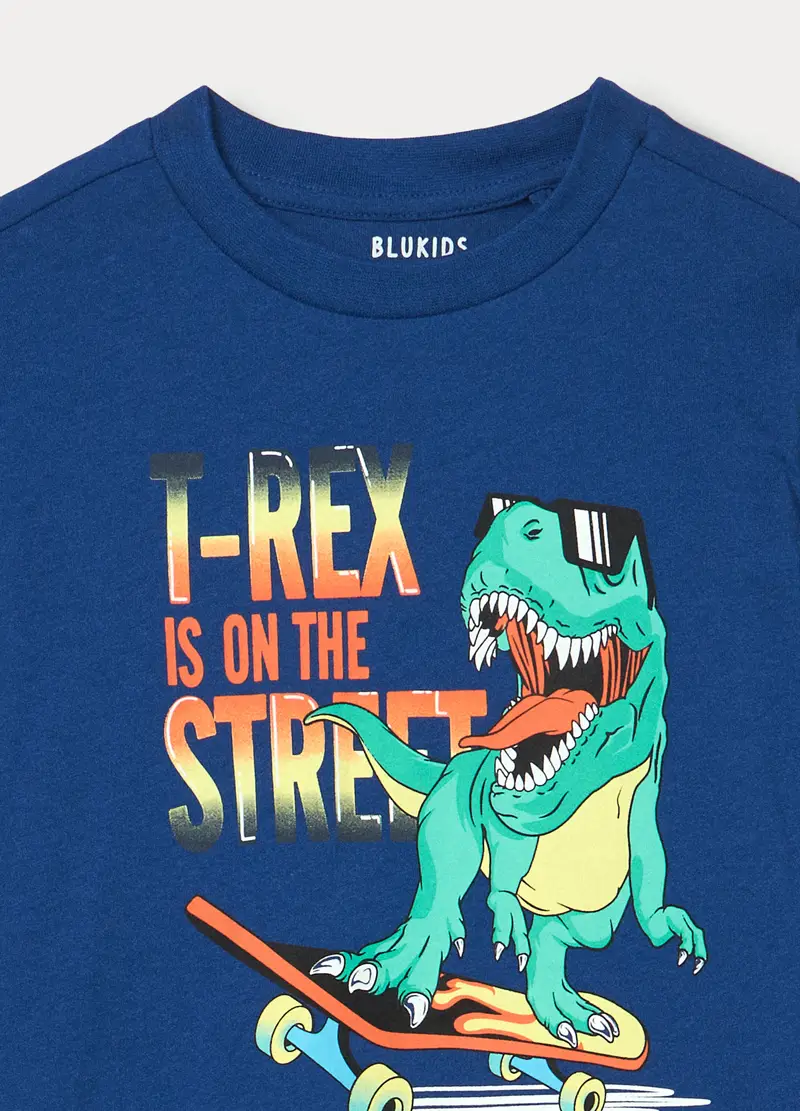 Set Pigiama Lungo In Jersey Di Puro Cotone Bambino, Blu scuro miniatura 3