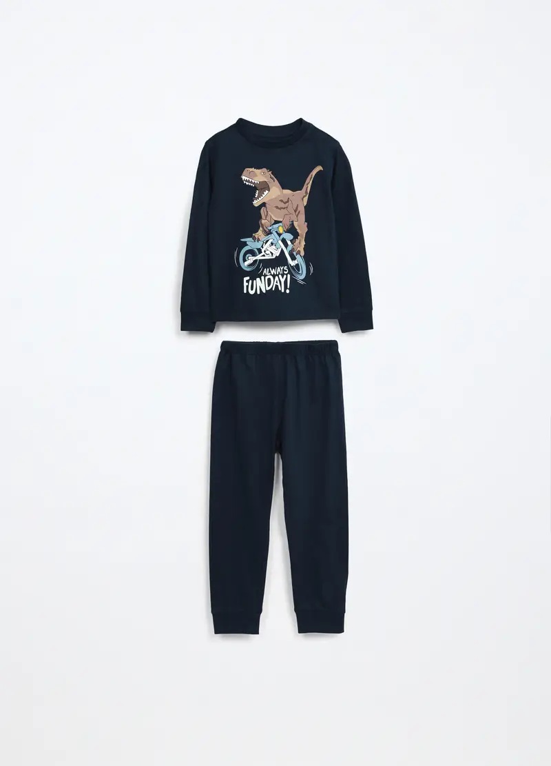 Set Pigiama Lungo In Jersey Di Puro Cotone Bambino, Nero stampa 1