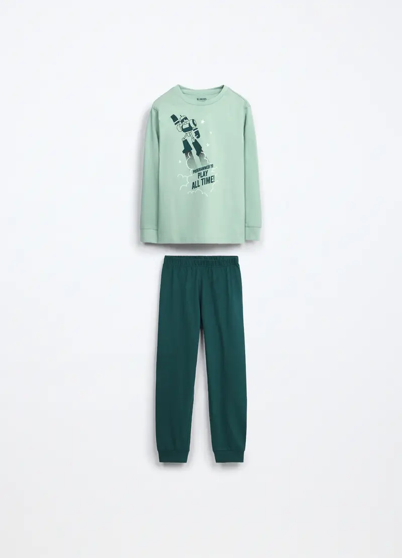 Set Pigiama Lungo In Jersey Di Puro Cotone Bambino, Verde scuro