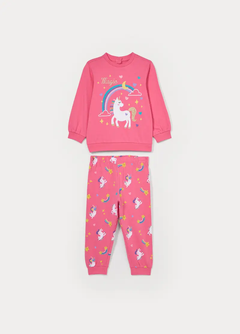 Set Pigiama Lungo In Jersey Di Puro Cotone, Neonata, Rosa corallo