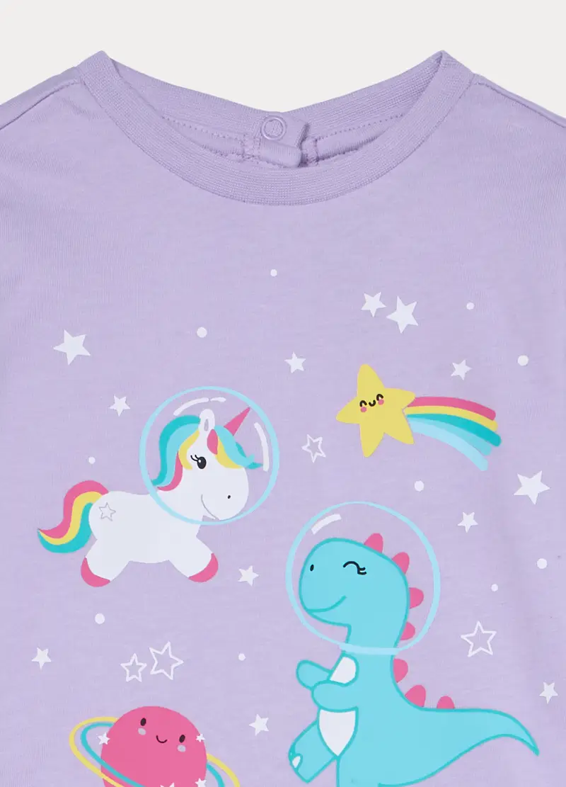 Set Pigiama Lungo In Jersey Di Puro Cotone, Neonata, Viola lilla miniatura 3