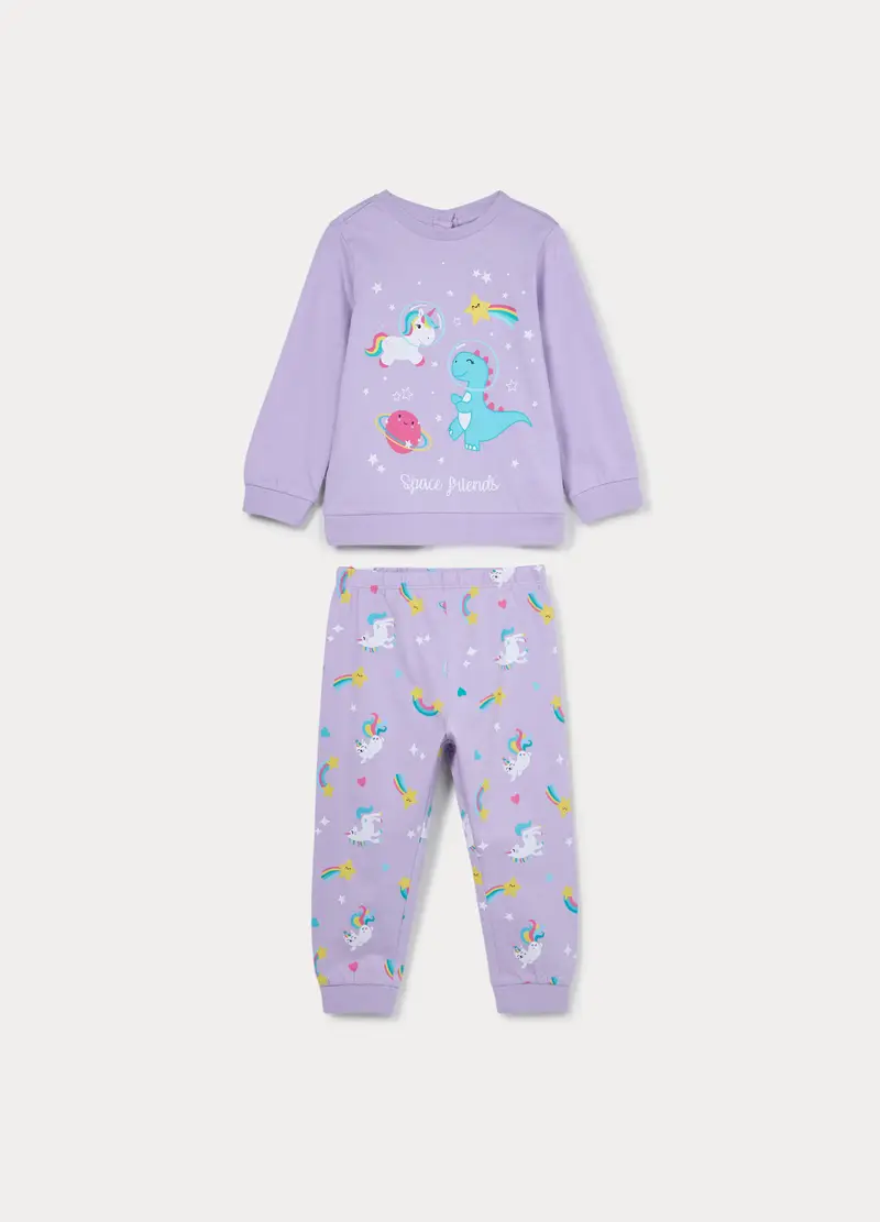 Set Pigiama Lungo In Jersey Di Puro Cotone, Neonata, Viola lilla