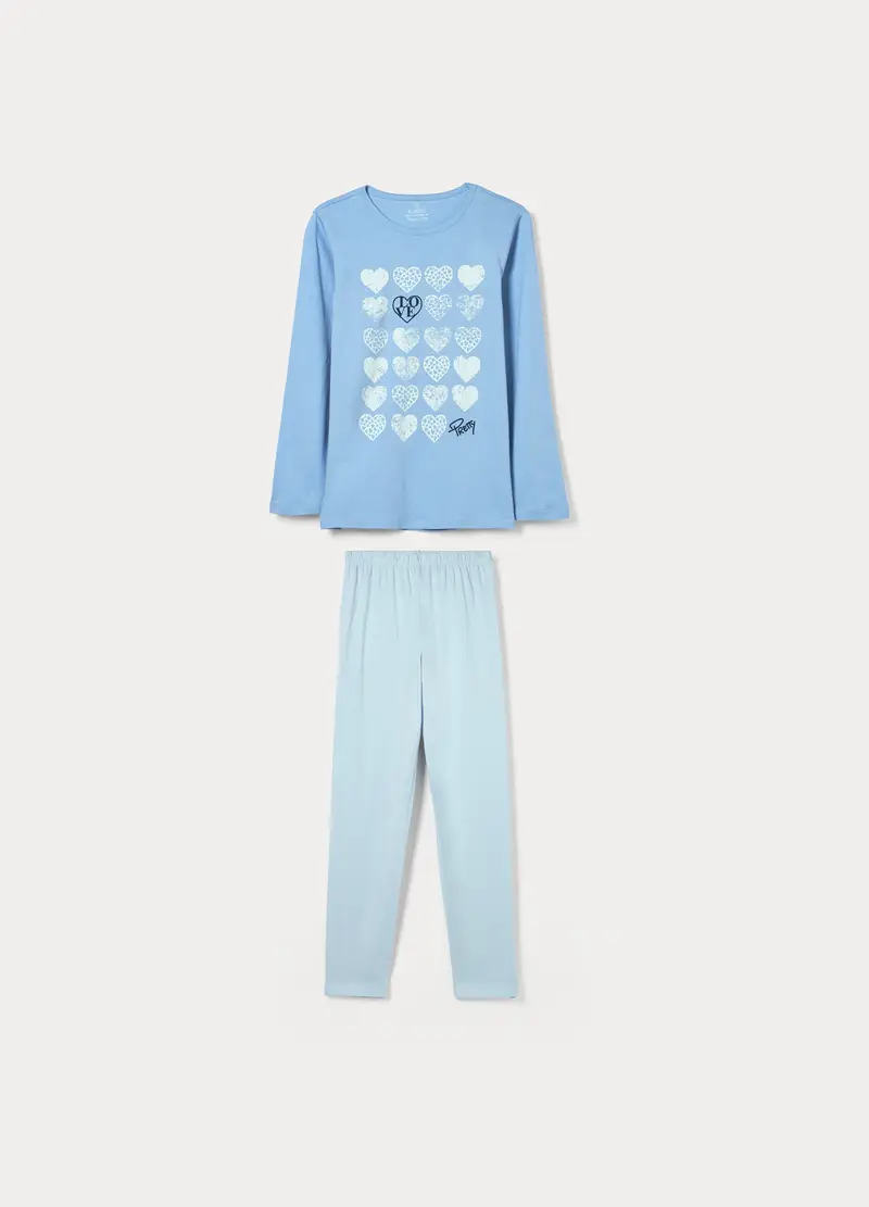 Set Pigiama Lungo In Jersey Di Puro Cotone Ragazza, Bambina, Azzurro chiaro