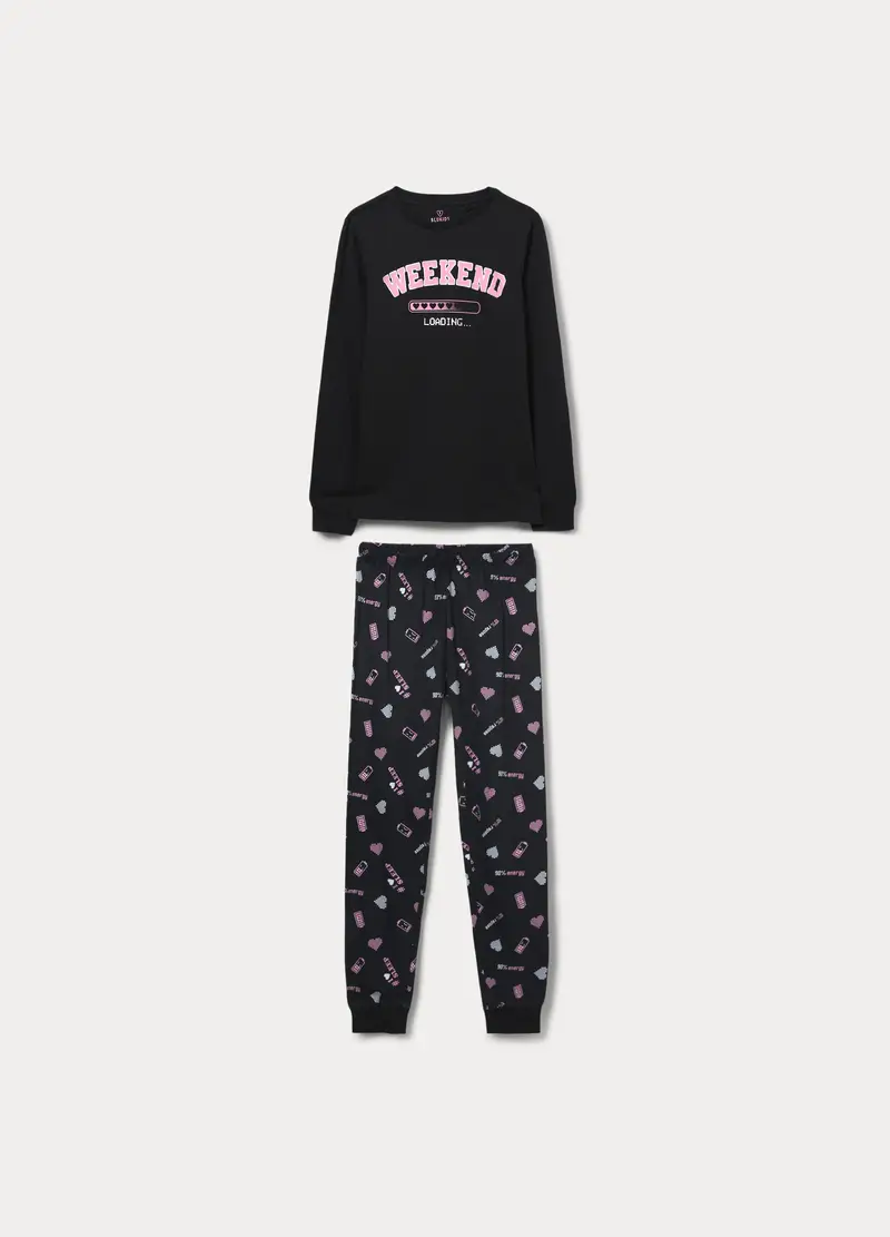 Set Pigiama Lungo In Jersey Di Puro Cotone Ragazza, Bambina, Nero stampa 1