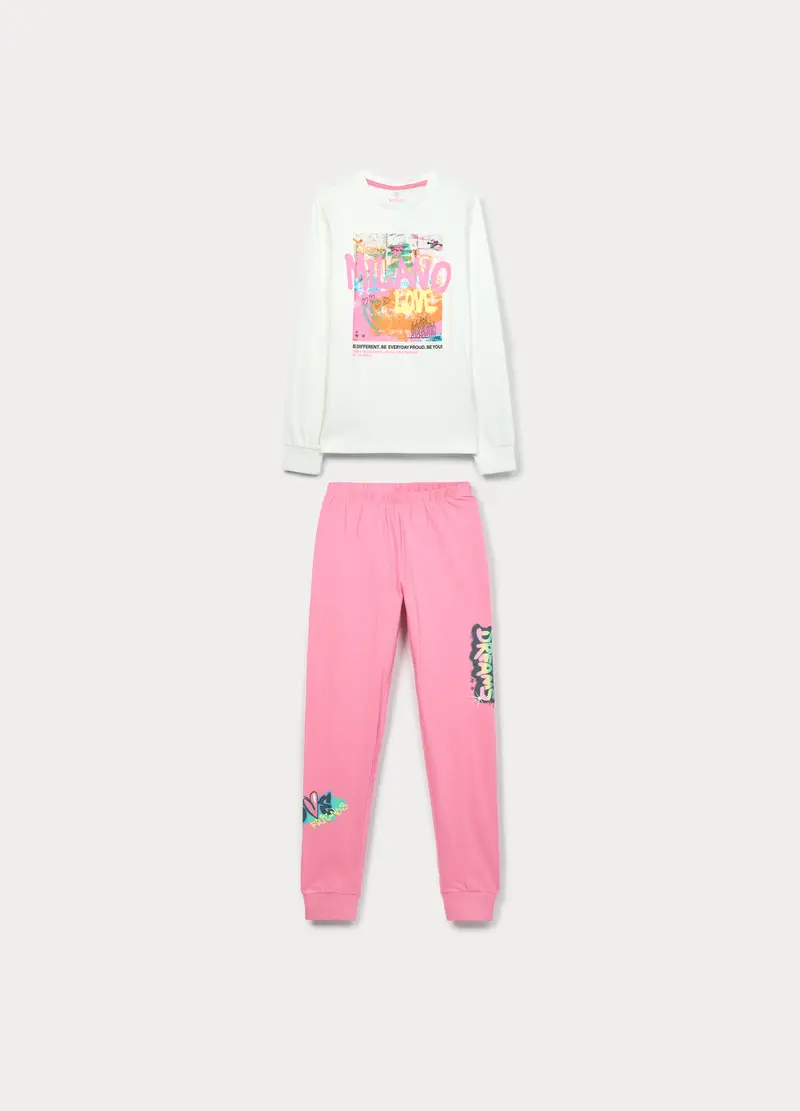 Set Pigiama Lungo In Jersey Di Puro Cotone Ragazza, Bambina, Rosa pastello