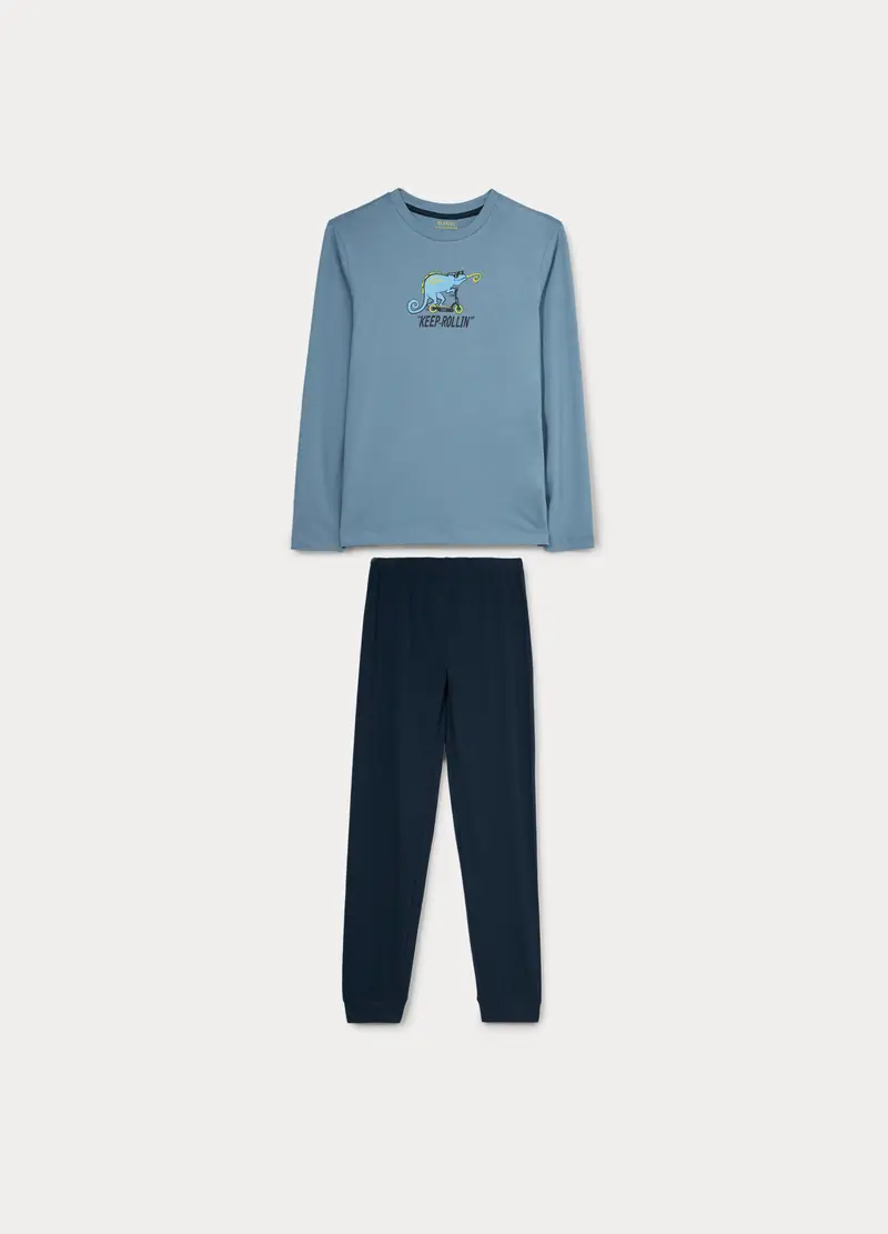 Set Pigiama Lungo In Jersey Di Puro Cotone Ragazzo, Bambino, Azzurro acquamarina