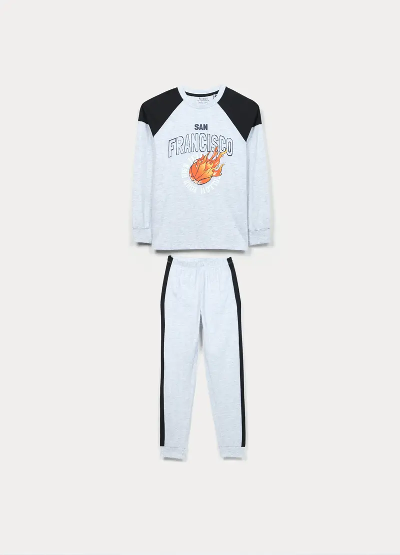 Set Pigiama Lungo In Jersey Di Puro Cotone Ragazzo, Bambino, Grigio chiaro melange