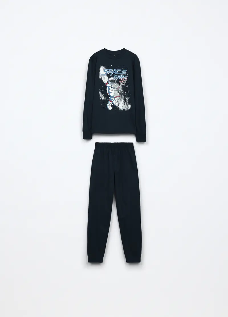 Blukids, Set Pigiama Lungo In Jersey Di Puro Cotone Ragazzo, Bambino, Nero stampa 2, Taglia: 10-11