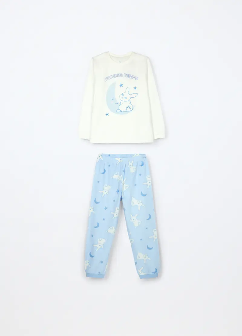 Set Pigiama Lungo In Pile Bambina, Bianco/Azzurro