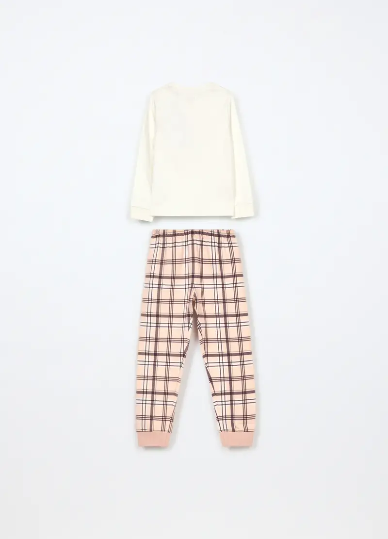 Set Pigiama Lungo In Puro Cotone Fleece Bambina, Bianco/Rosa miniatura 2