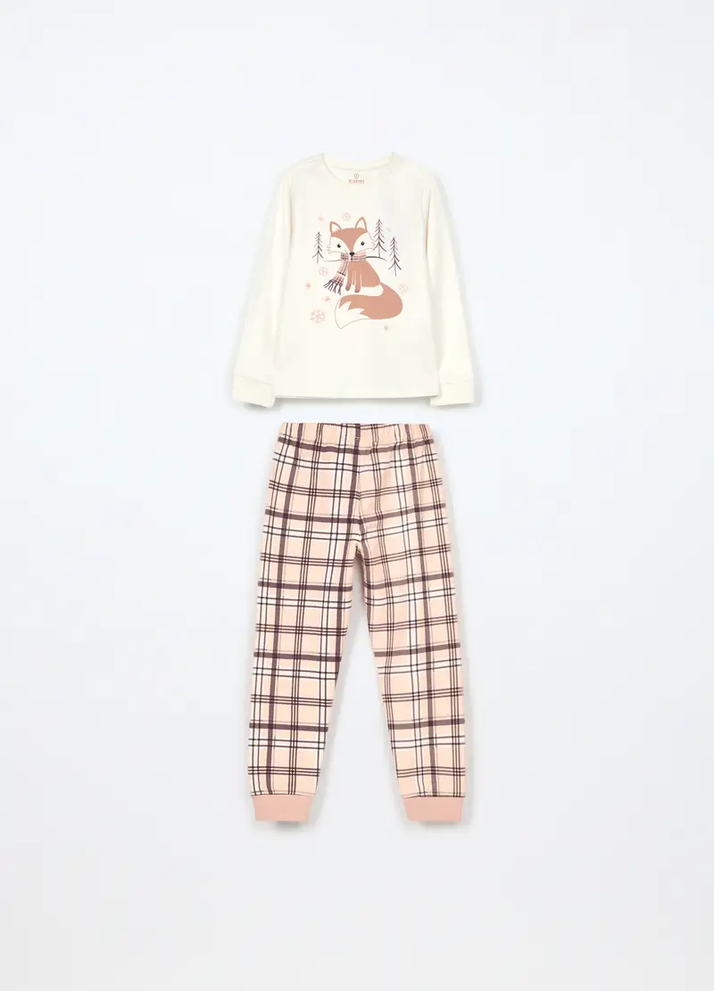 Set Pigiama Lungo In Puro Cotone Fleece Bambina, Bianco/Rosa