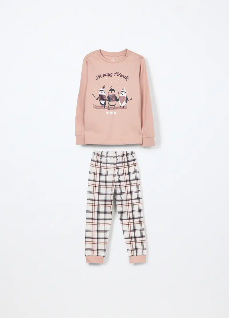 Set Pigiama Lungo In Puro Cotone Fleece Bambina, Bianco/Rosa