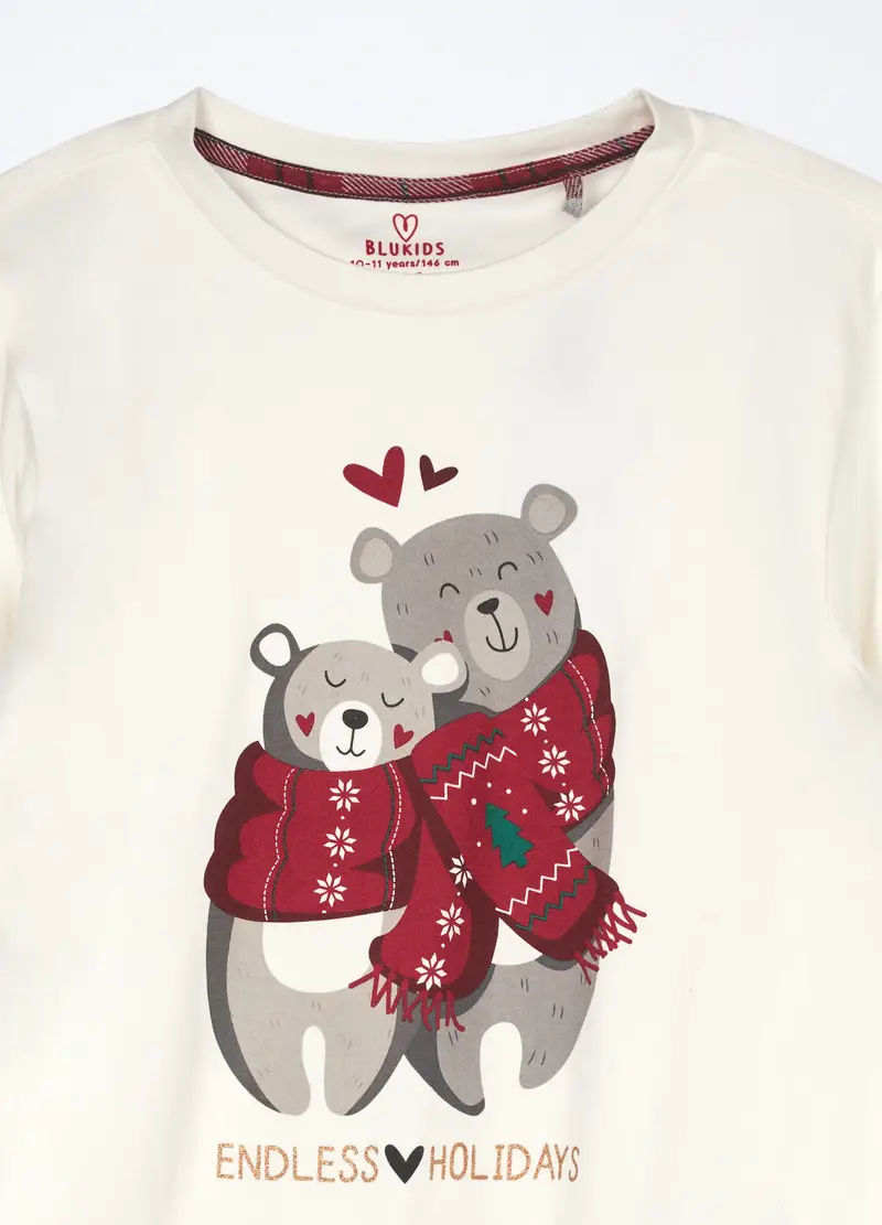 Set Pigiama Lungo In Puro Cotone Fleece Ragazza, Bambina, Bianco/Rosso miniatura 3