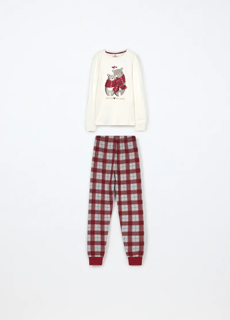 Set Pigiama Lungo In Puro Cotone Fleece Ragazza, Bambina, Bianco/Rosso