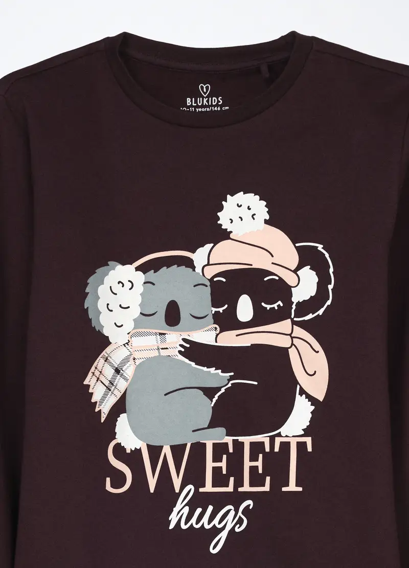 Set Pigiama Lungo In Puro Cotone Fleece Ragazza, Bambina, Marrone cioccolato miniatura 3