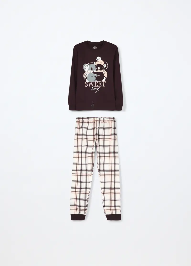 Set Pigiama Lungo In Puro Cotone Fleece Ragazza, Bambina, Marrone cioccolato