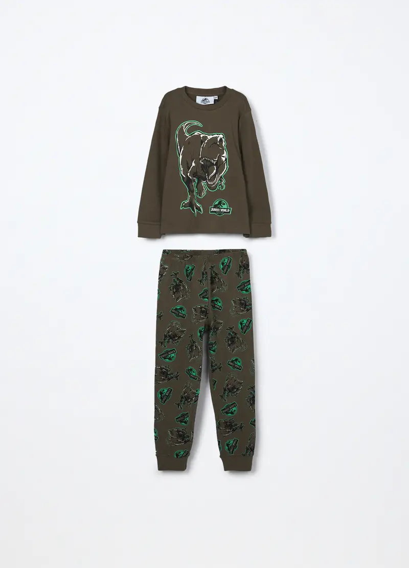 Set Pigiama Lungo Jurassic Park In Interlock Di Puro Cotone Bambino, Verde militare