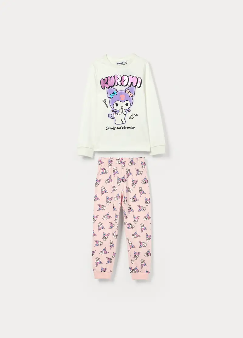 Set Pigiama Lungo Kuromi In Jersey Di Puro Cotone Bambina, Bianco
