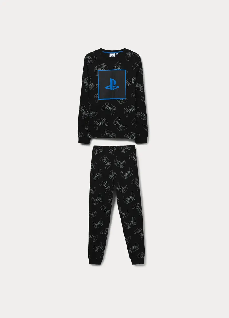 Set Pigiama Lungo Play Station In Jersey Di Puro Cotone Ragazzo, Bambino, Nero stampa 1