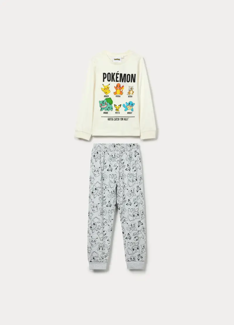 Set Pigiama Lungo Pokemon In Jersey Di Puro Cotone Bambino, Bianco/Grigio