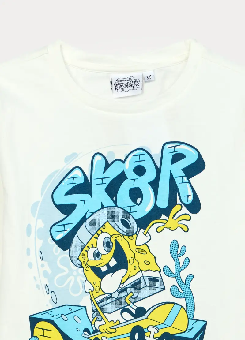 Set Pigiama Lungo Spongebob In Jersey Di Puro Cotone Bambino, Bianco/Blu miniatura 3
