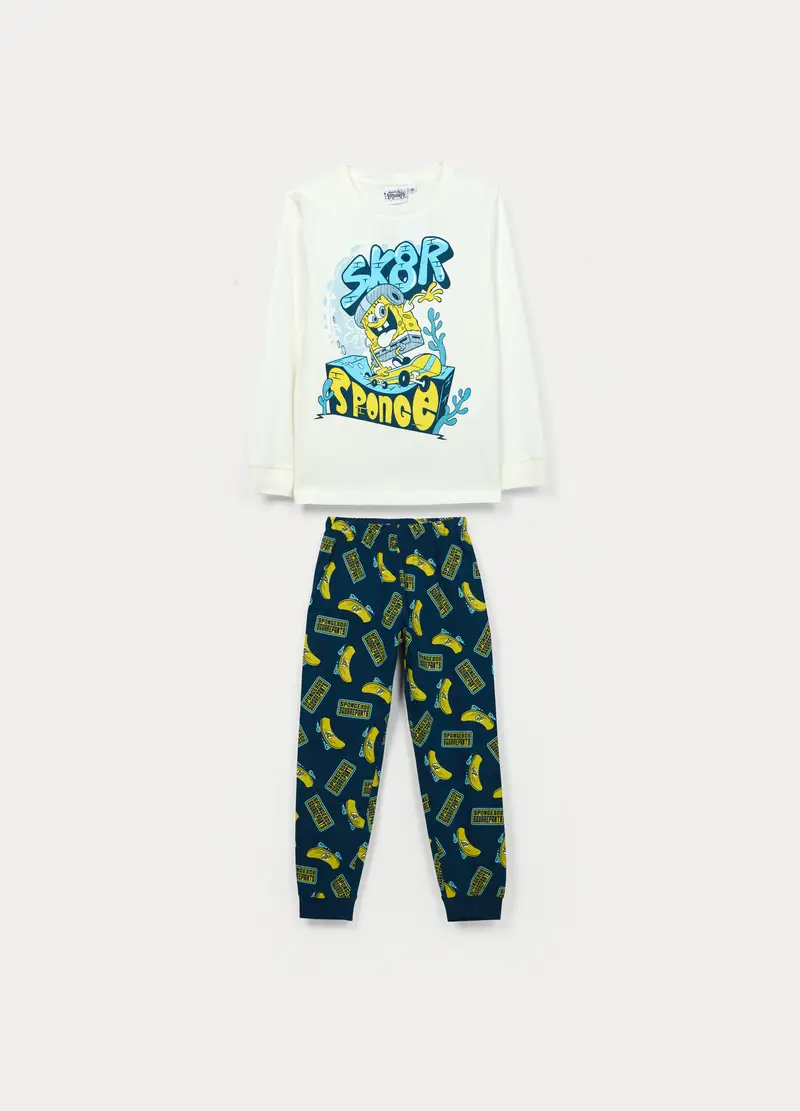 Set Pigiama Lungo Spongebob In Jersey Di Puro Cotone Bambino, Bianco/Blu