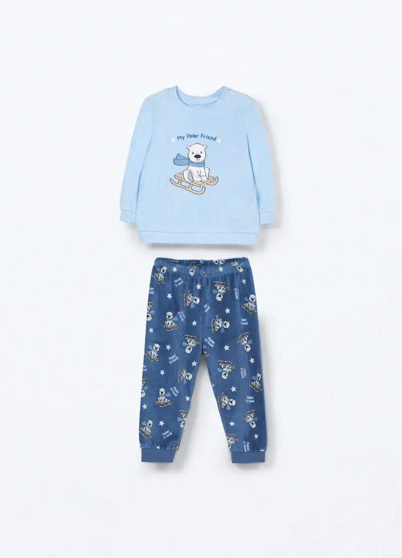 Set Pigiama Lungo Velour Neonato, Azzurro chiaro