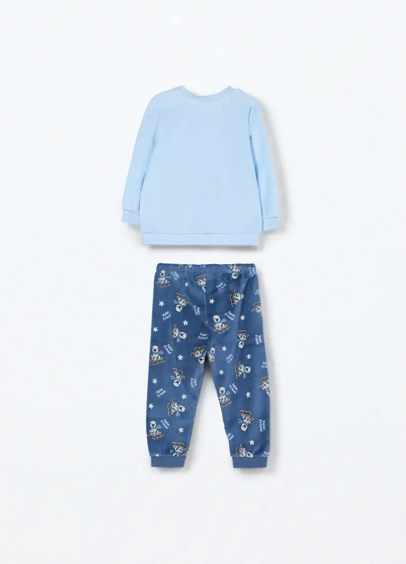 Set Pigiama Lungo Velour Neonato, Azzurro chiaro miniatura 2
