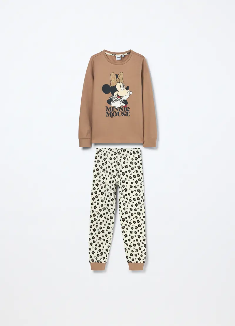 Set Pigiama Minnie In Interlock Di Puro Cotone Bambina, Marrone chiaro