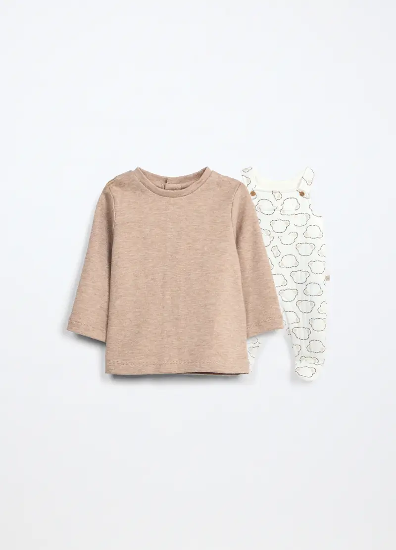 Blukids, Set Salopette + T-shirt Neonato, Unisex, Beige melange, Taglia: 0-1