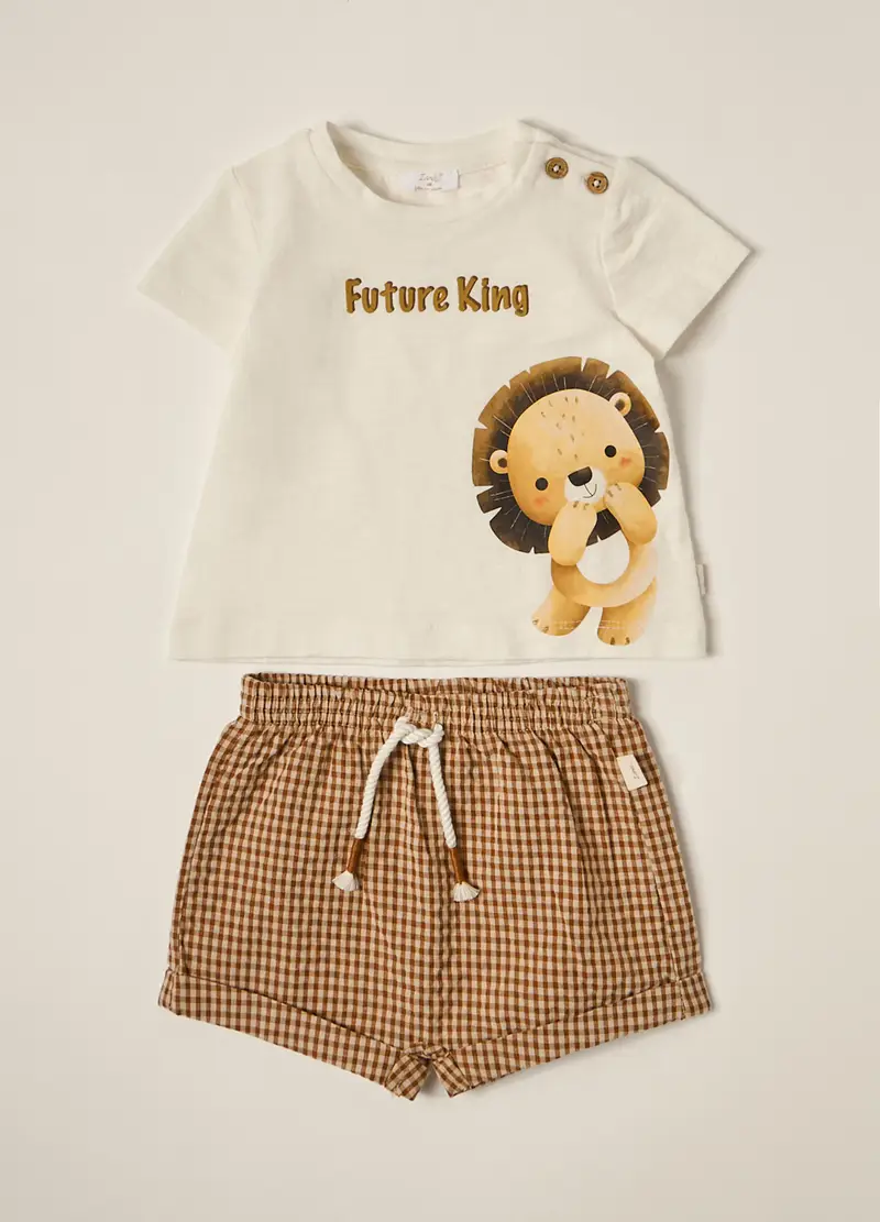 Blukids, Set T-shirt E Shorts In Cotone Stretch Iana Neonato, Marrone chiaro, Taglia: 3