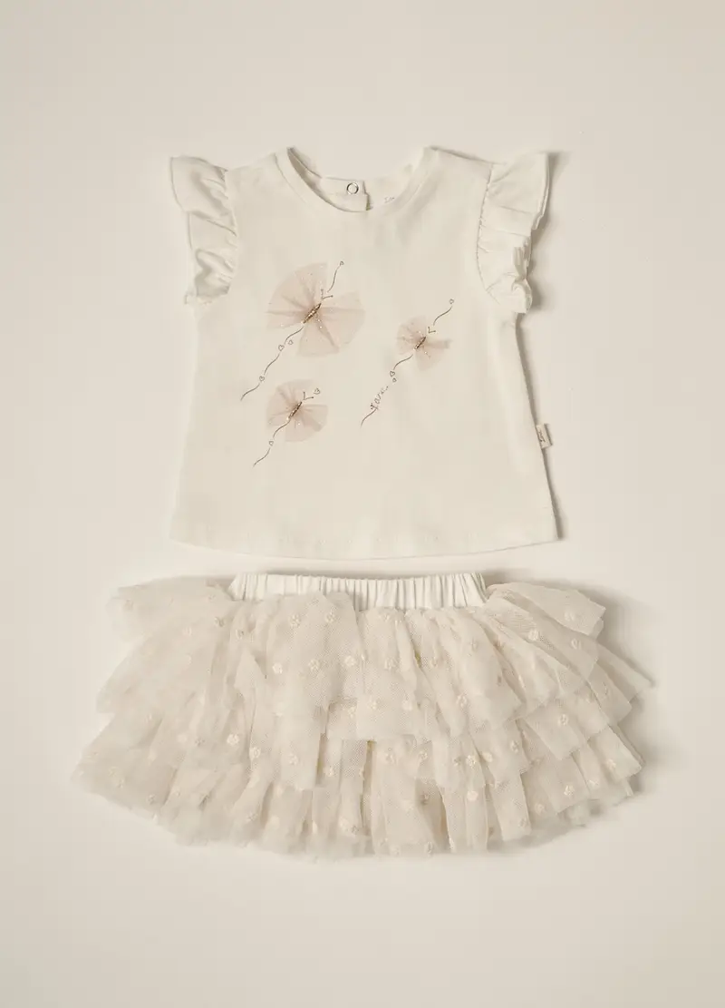 Blukids, Set T-shirt + Gonna In Tulle Iana Neonata, Bianco gesso, Taglia: 3