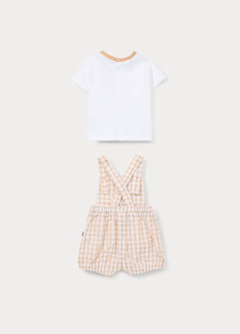 Set T-shirt + Salopette In Puro Cotone Neonato, Bianco/Beige miniatura 2