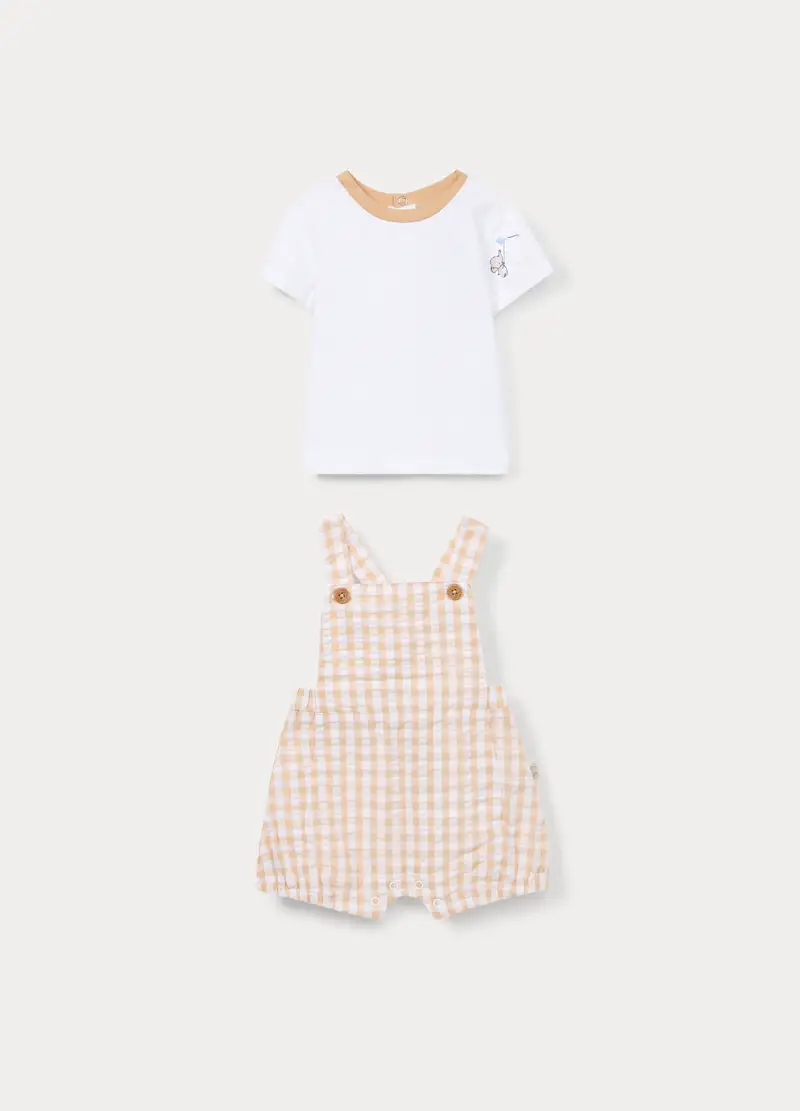 Set T-shirt + Salopette In Puro Cotone Neonato, Bianco/Beige